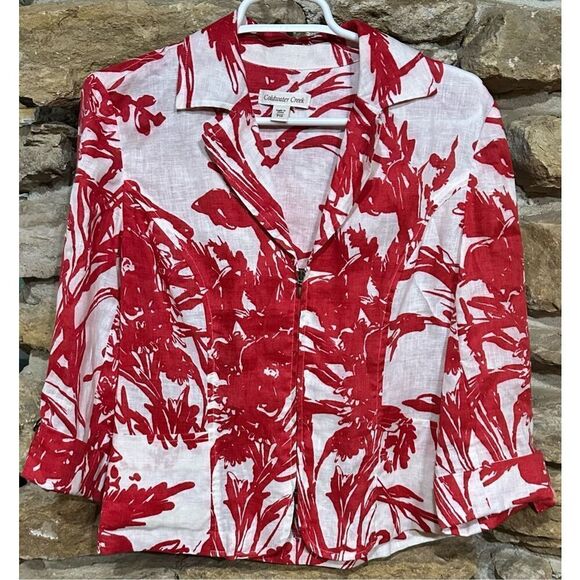 Women’s Coldwater Creek Red/White Floral Zip Front Jacket Linen Long Sleeve Size - Picture 1 of 6